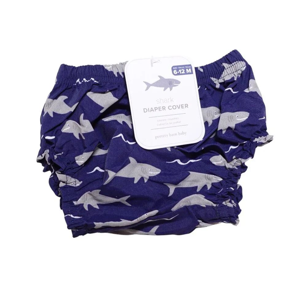 NWT Pottery Barn Kids Diaper Cover 6-12M Blue Gray Shark Print Water Resistant